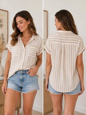 Universal Thread Beige & White Striped Button-Up Shirt Size S